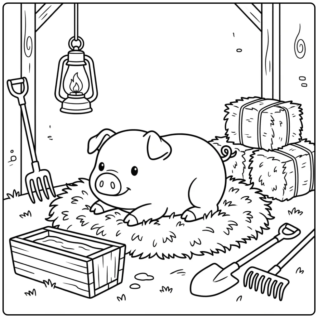 Pig coloring page sleeping in soft straw