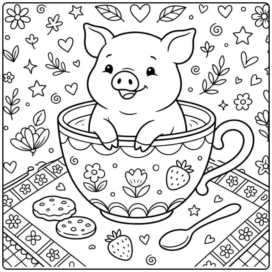 Cute pig coloring page in a teacup with cookies