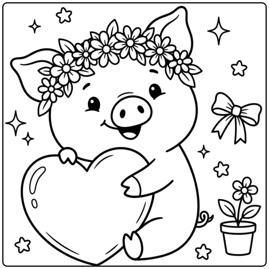 Cute pig coloring page with a large heart pillow
