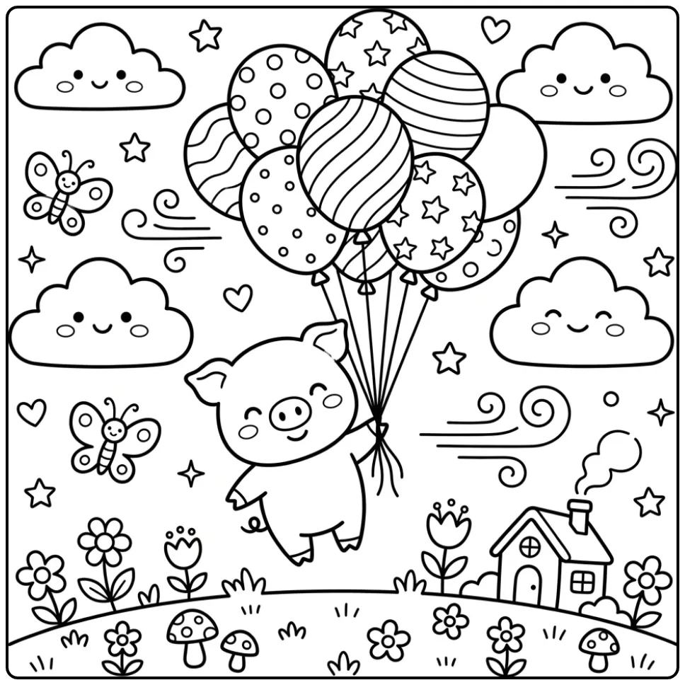 Cute pig coloring page flying with balloons