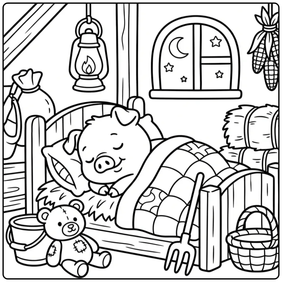 Pig coloring page sleeping in a stable with straw