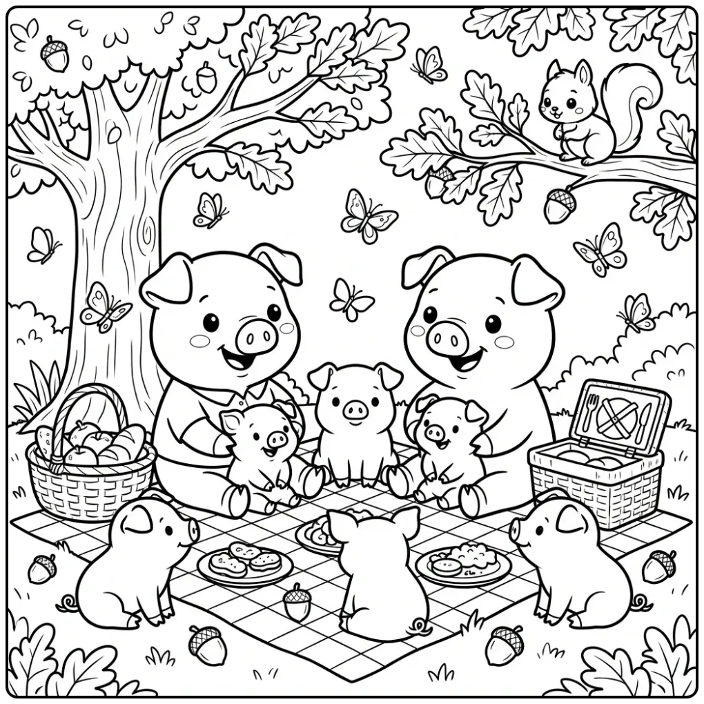 Pigs coloring page with a family picnic