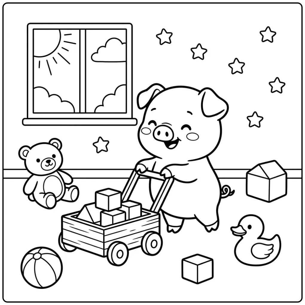 Little pig coloring page learning to walk with a toy cart