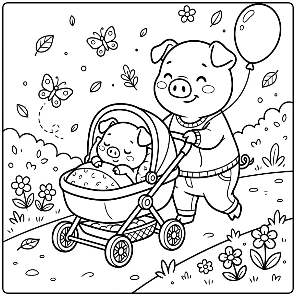 Little pig coloring page sleeping in a stroller