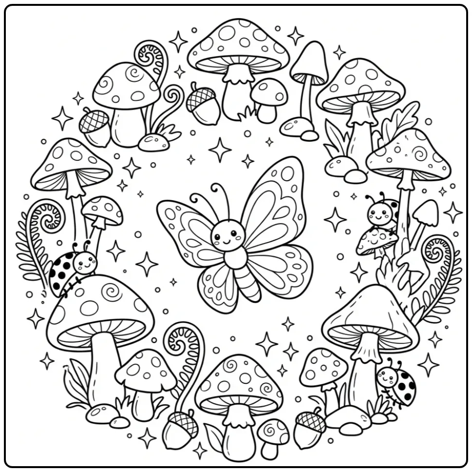 Butterfly coloring page in a circle of mushrooms