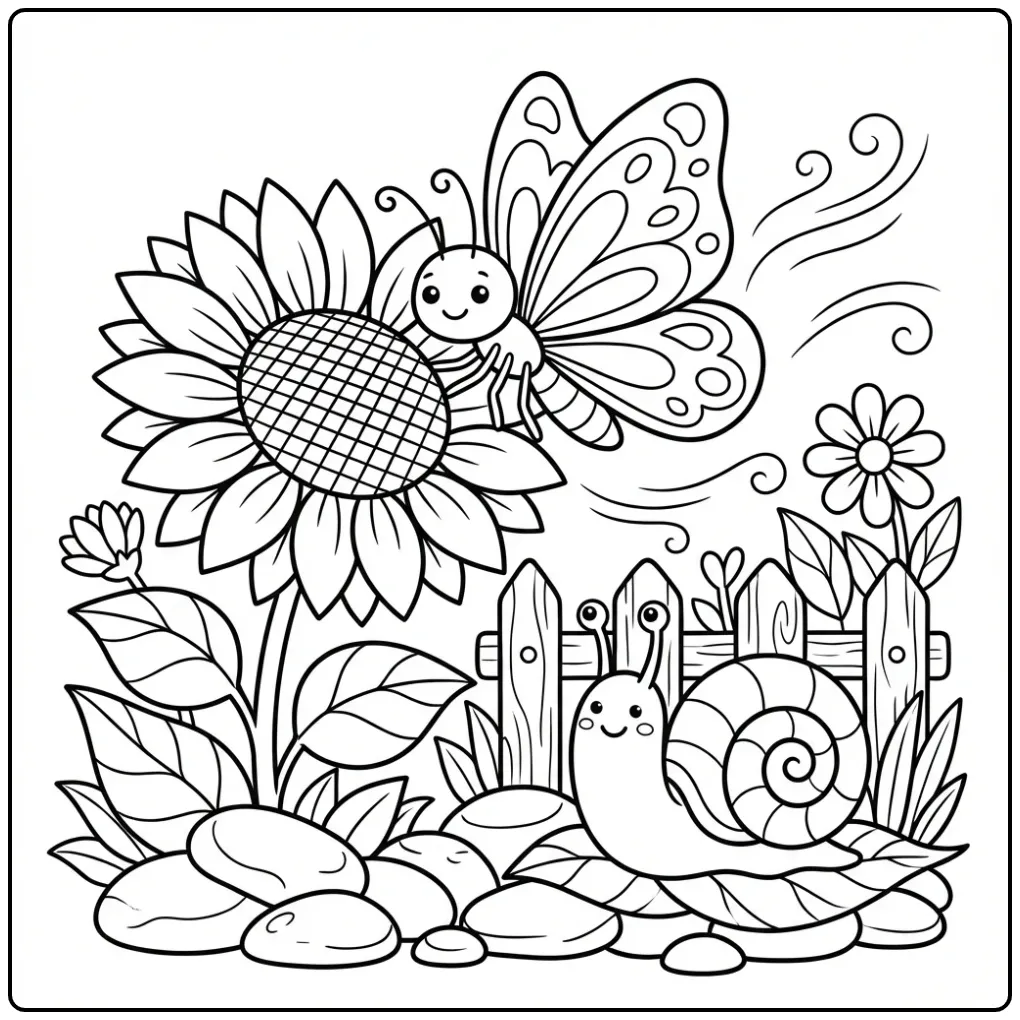 Butterfly coloring page on a sunflower with a snail
