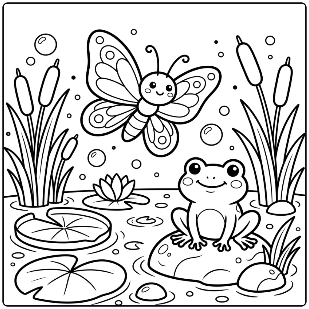 Butterfly coloring page above a pond with a frog