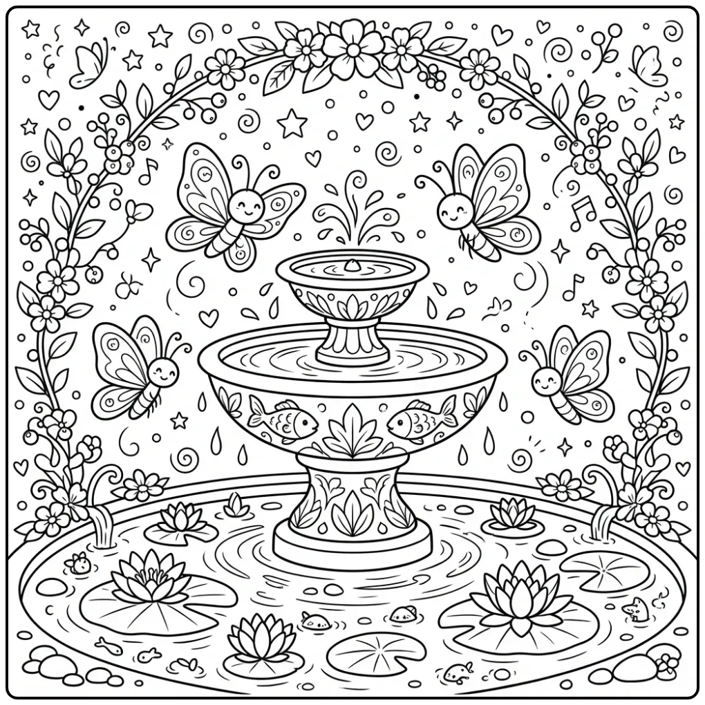 Difficult butterfly coloring page by a fountain