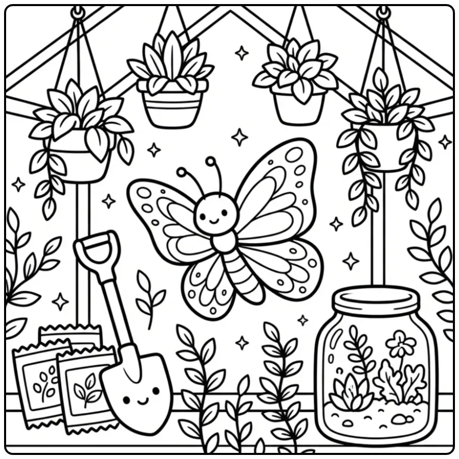 Butterfly coloring page in a greenhouse with plants
