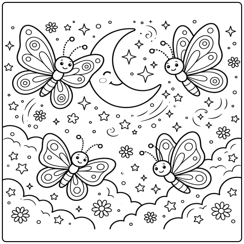 Butterflies coloring page with moon and stars