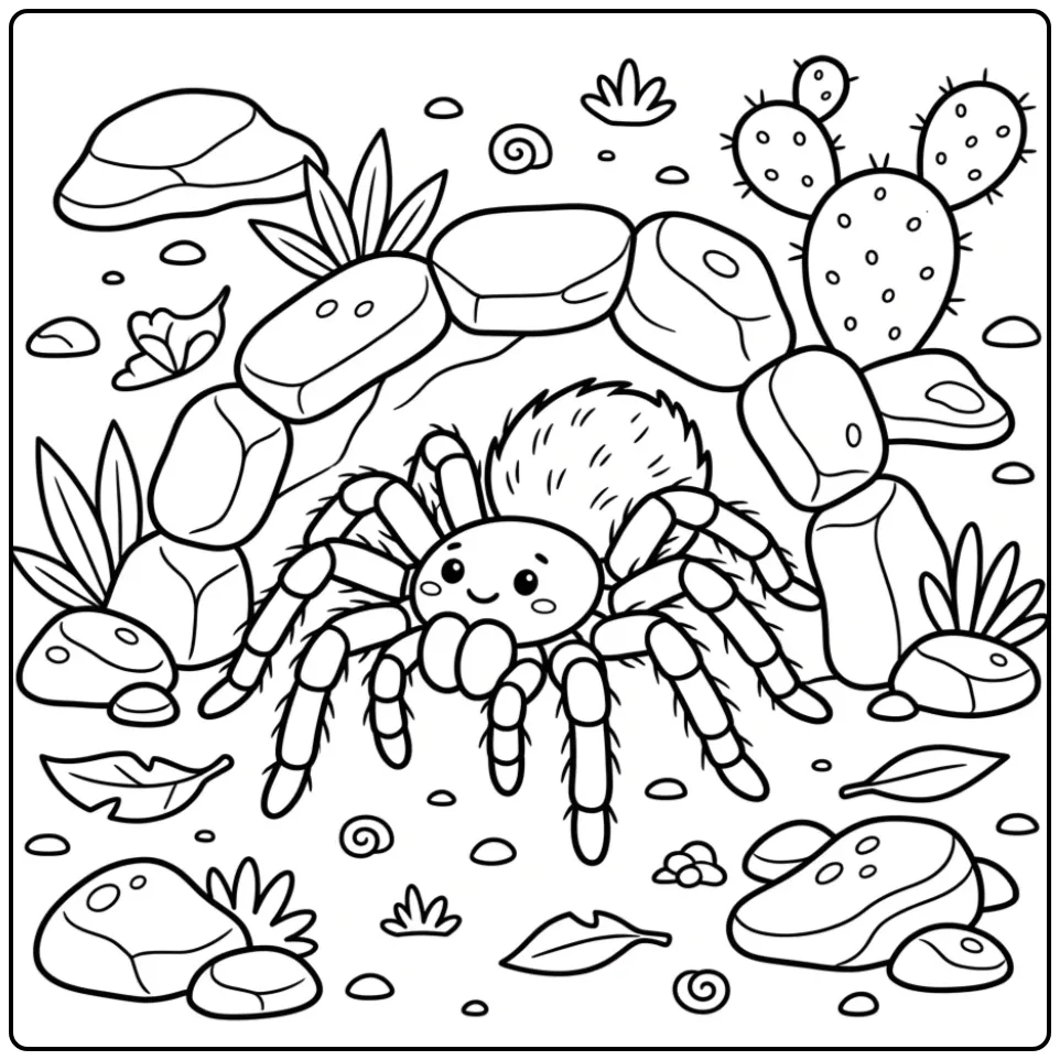 Tarantula coloring page crawling out of a burrow