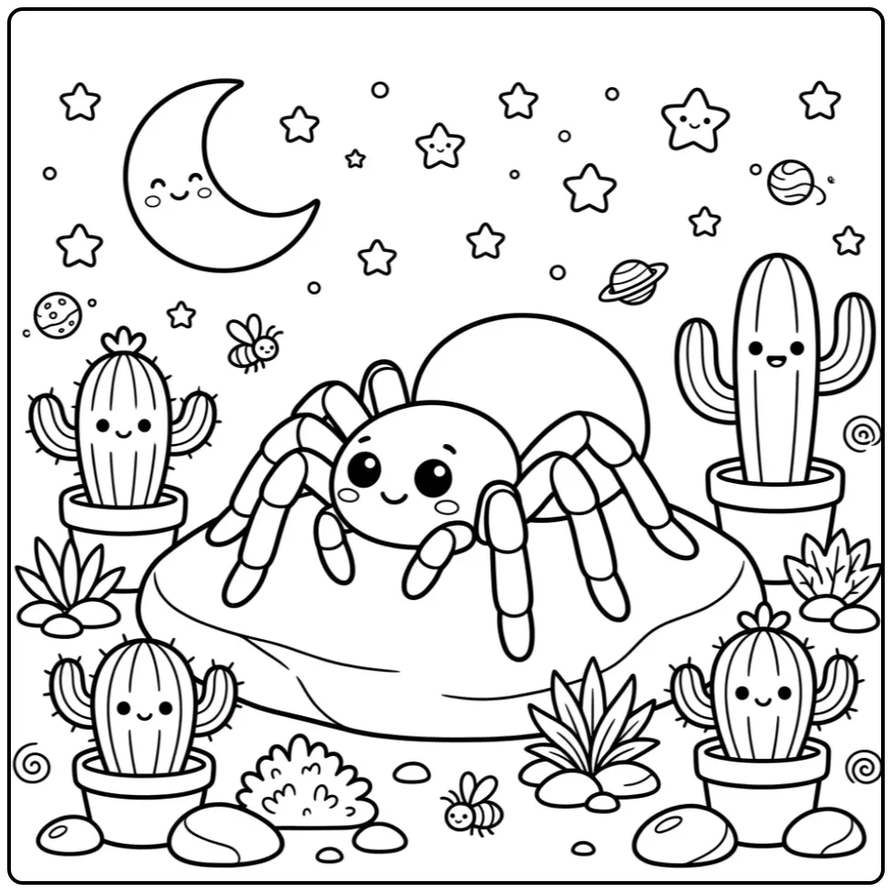 Tarantula coloring page on a desert stone