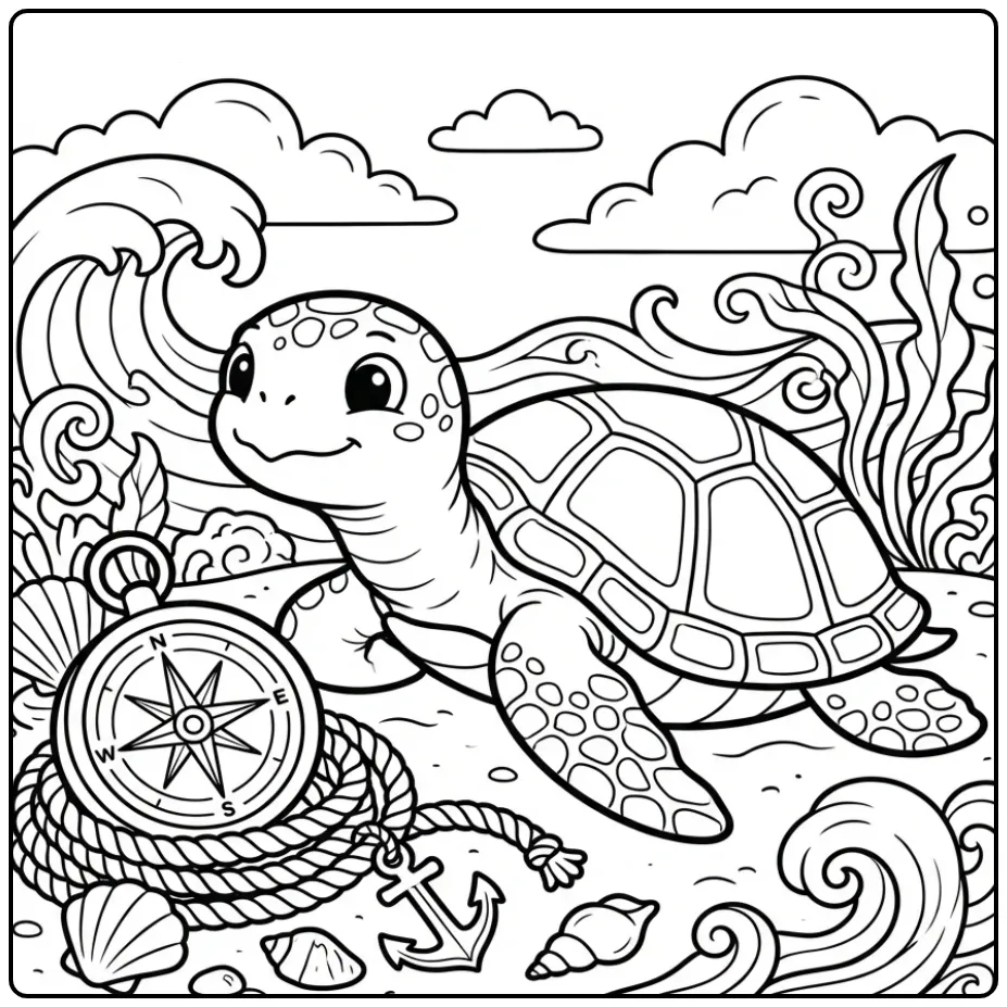 Adult turtle coloring page with nautical details and a compass