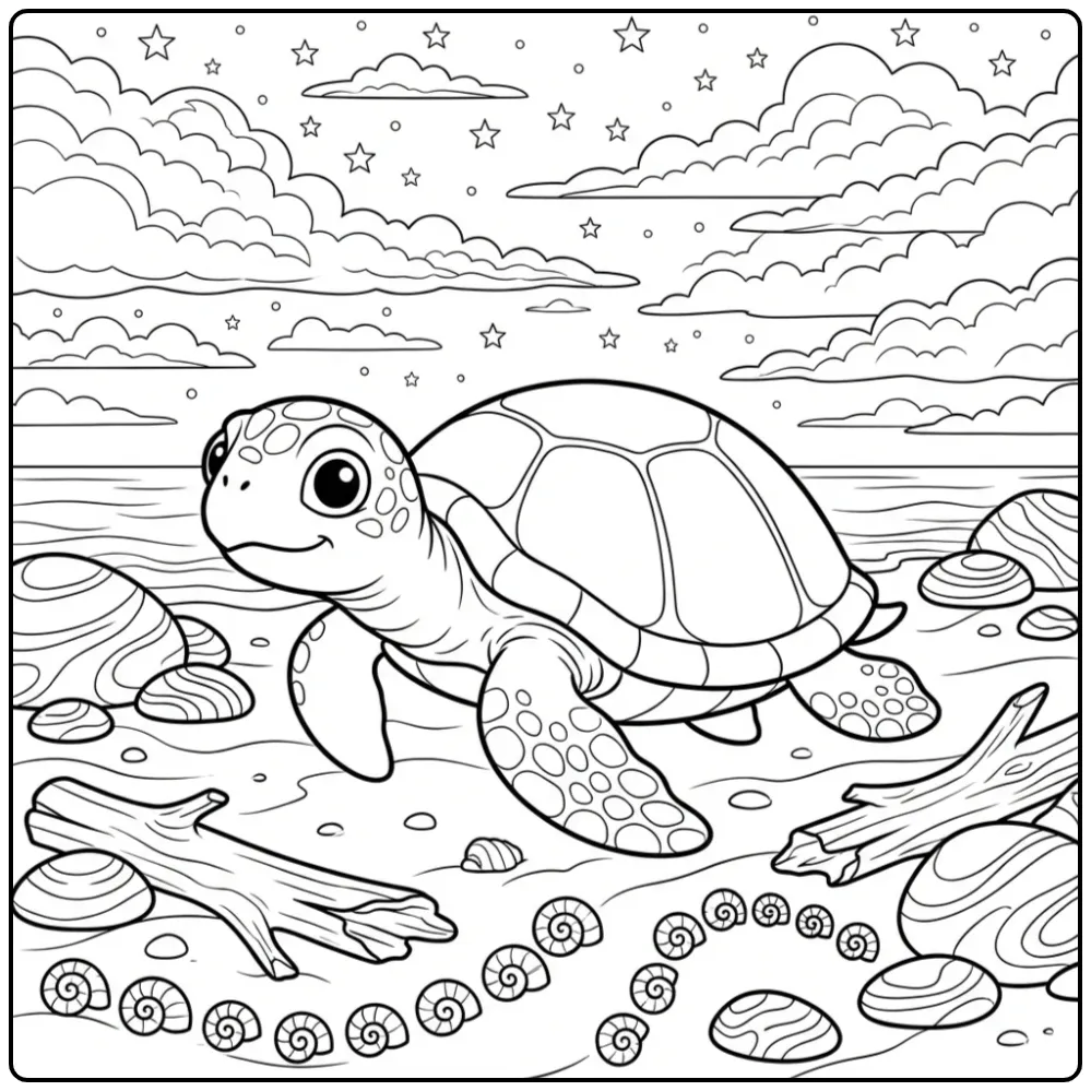 Adult turtle coloring page on a quiet beach at night