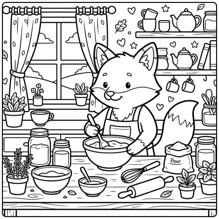 Fox coloring page stirring in a bowl while wearing an apron