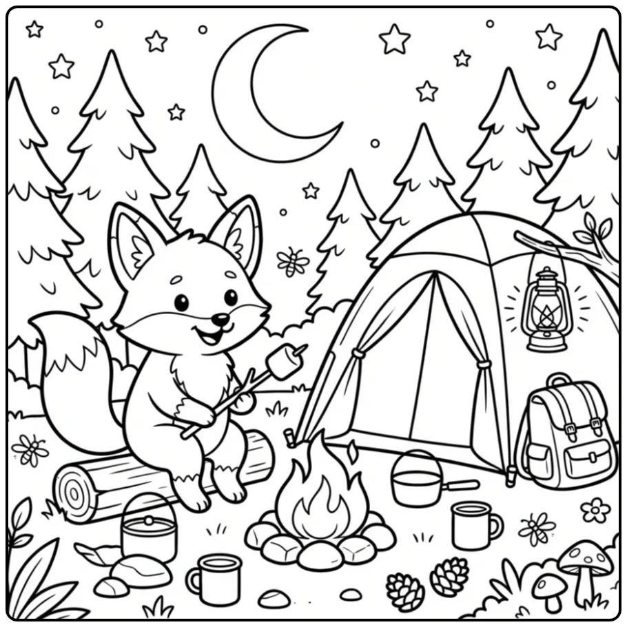 Fox coloring page camping by a warm campfire