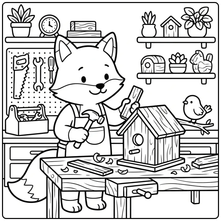 Fox coloring page with a hammer and wood