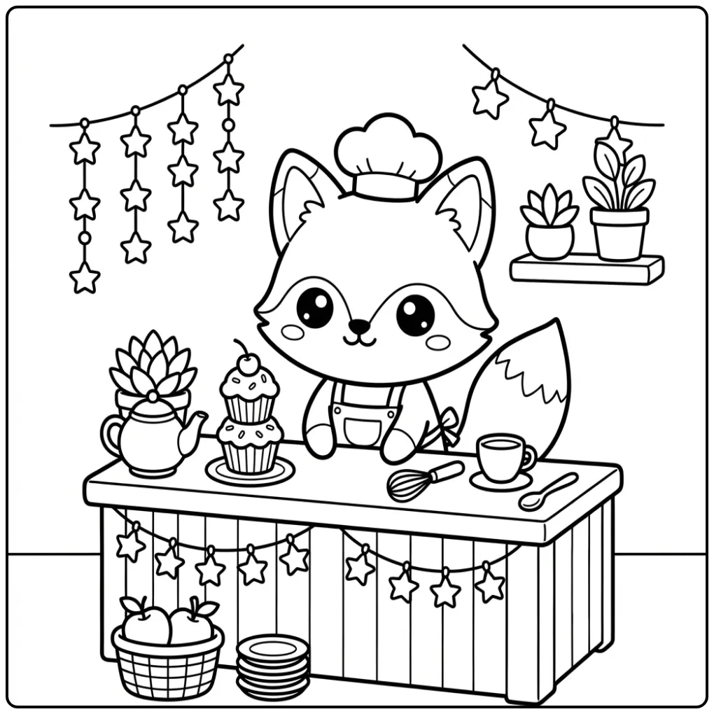 Cute fox coloring page with tea and cakes