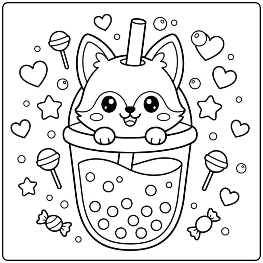 Cute fox coloring page with bubbles and hearts