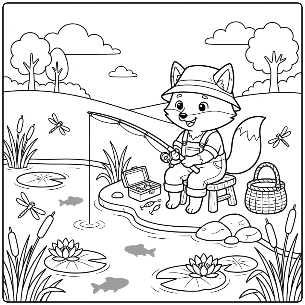 Fox coloring page fishing by water with reeds and lilies