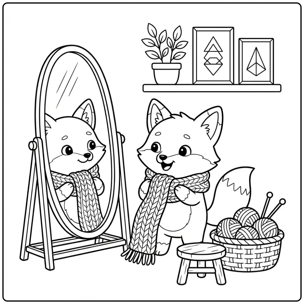 Little fox coloring page with a scarf by a mirror