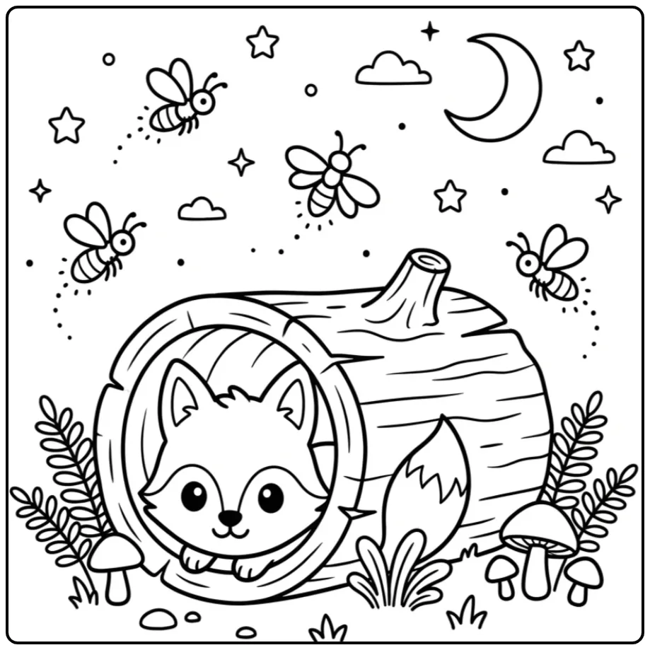 Little fox coloring page peeking from a hollow log