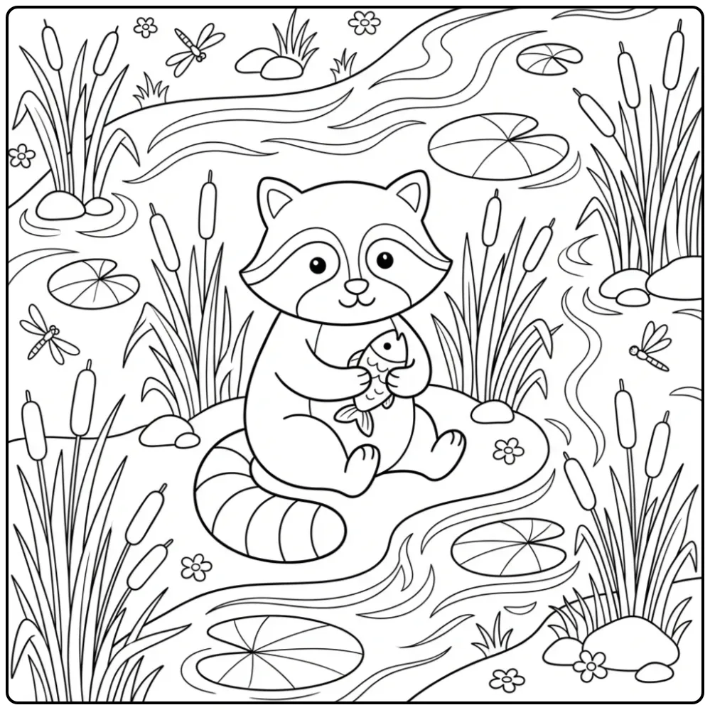 Cute raccoon coloring page with a fish toy by a river