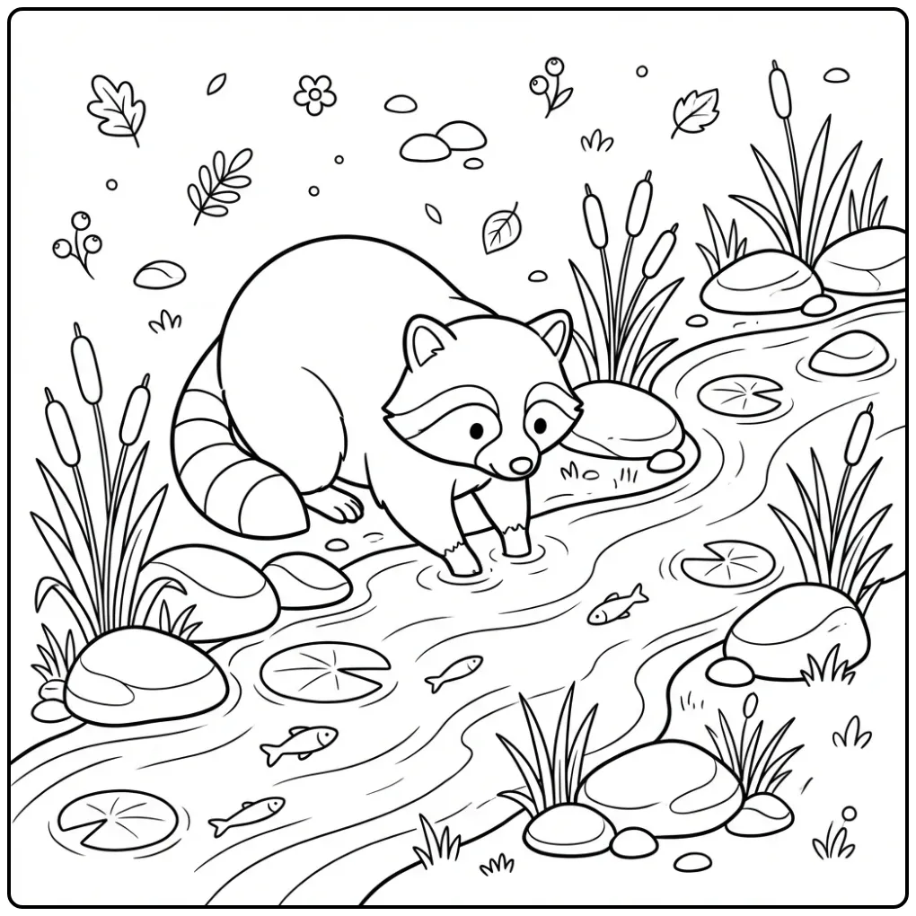 Cute raccoon coloring page washing paws by a river