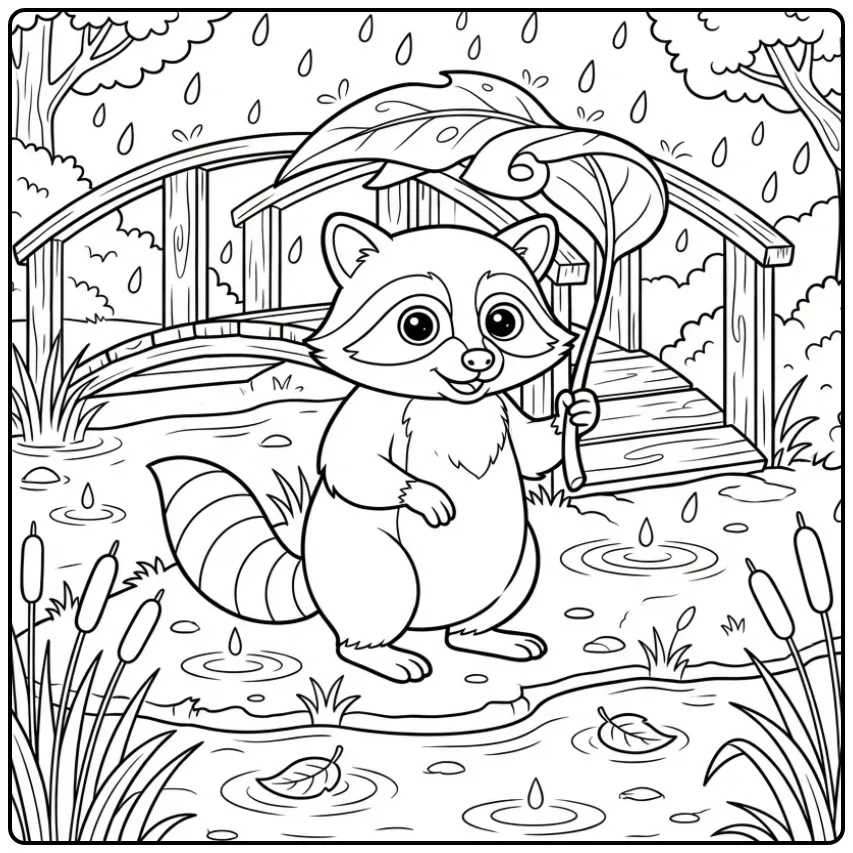 Cute raccoon coloring page with a leaf umbrella in the rain