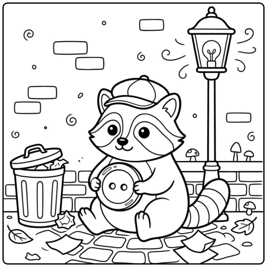 Cute raccoon coloring page with a shiny button in an alley