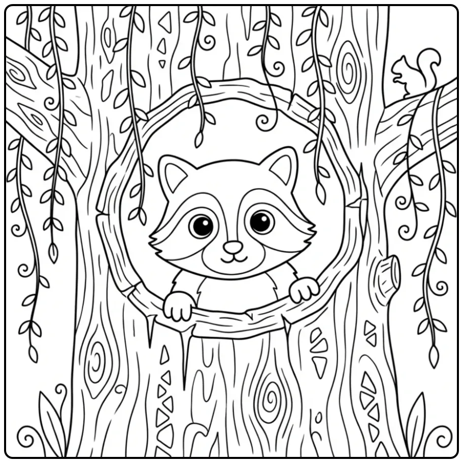 Raccoon coloring page peeking from a tree trunk