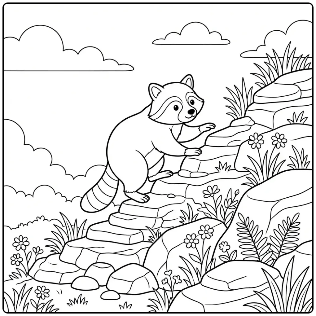 Raccoon coloring page climbing rocks with flowers