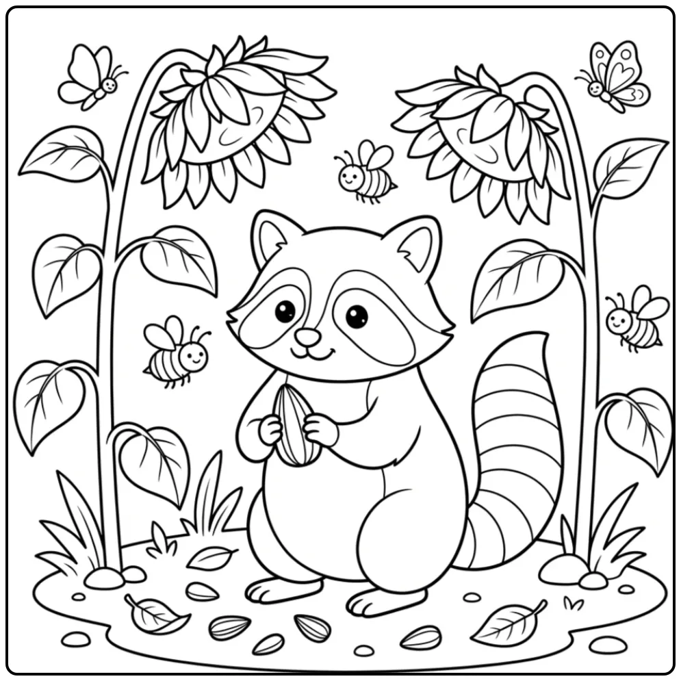 Cute raccoon coloring page among sunflowers