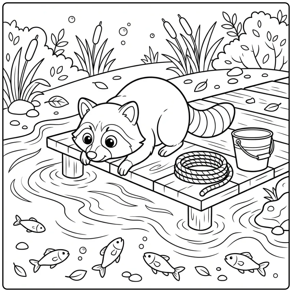 Cute raccoon coloring page on a wooden dock by water