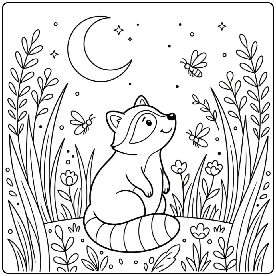 Cute raccoon coloring page under the moon and stars