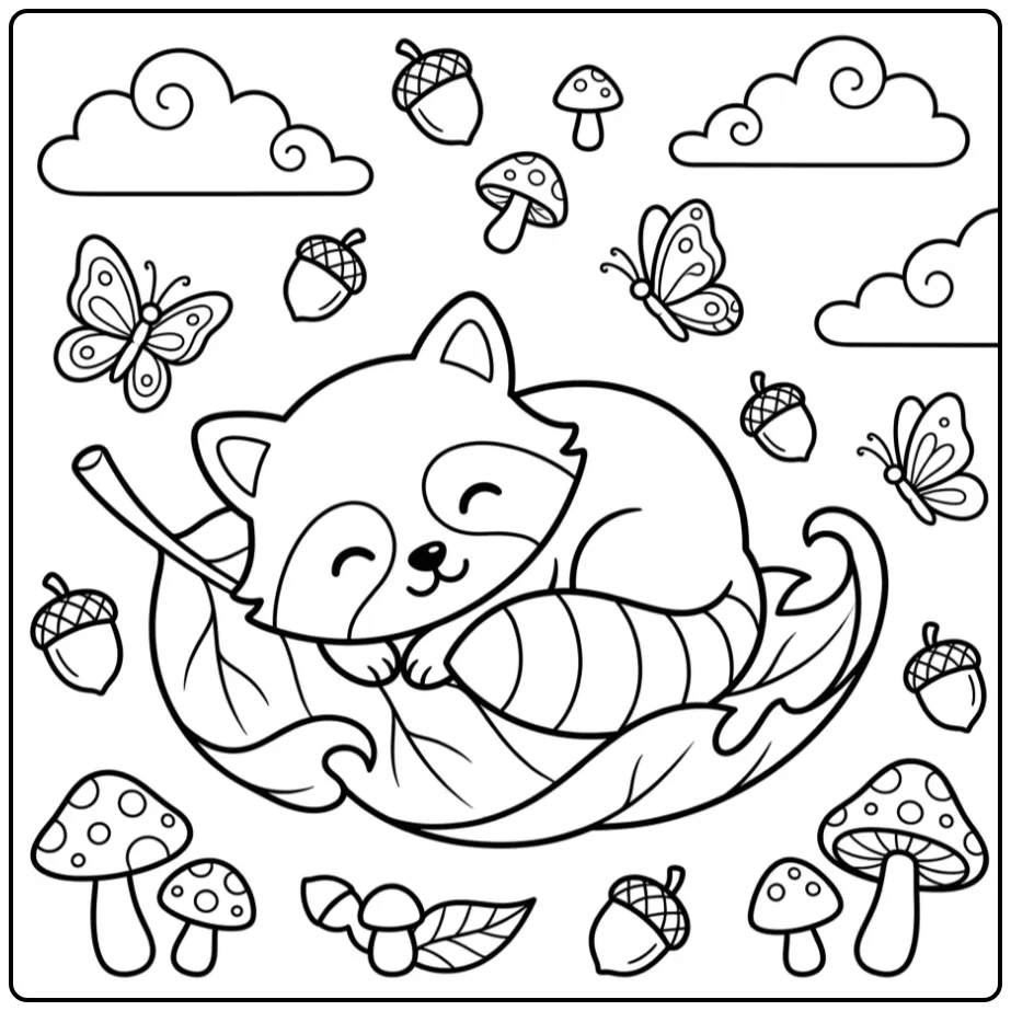 Baby raccoon coloring page sleeping on a large leaf