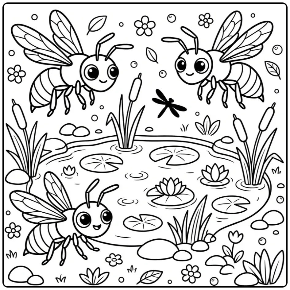 Cute wasp coloring page with three wasps by a pond