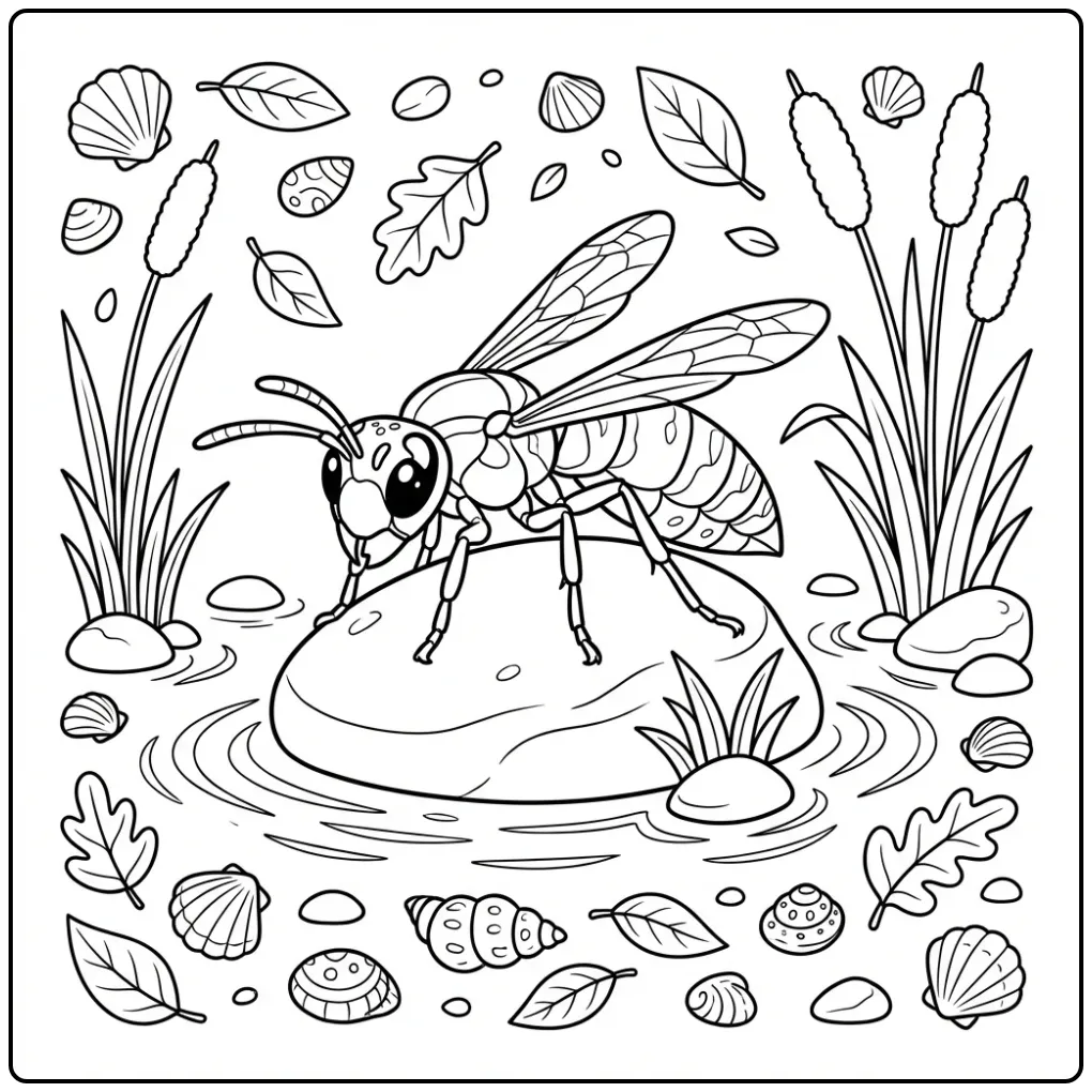 Cartoon wasp coloring page sitting on a smooth river stone