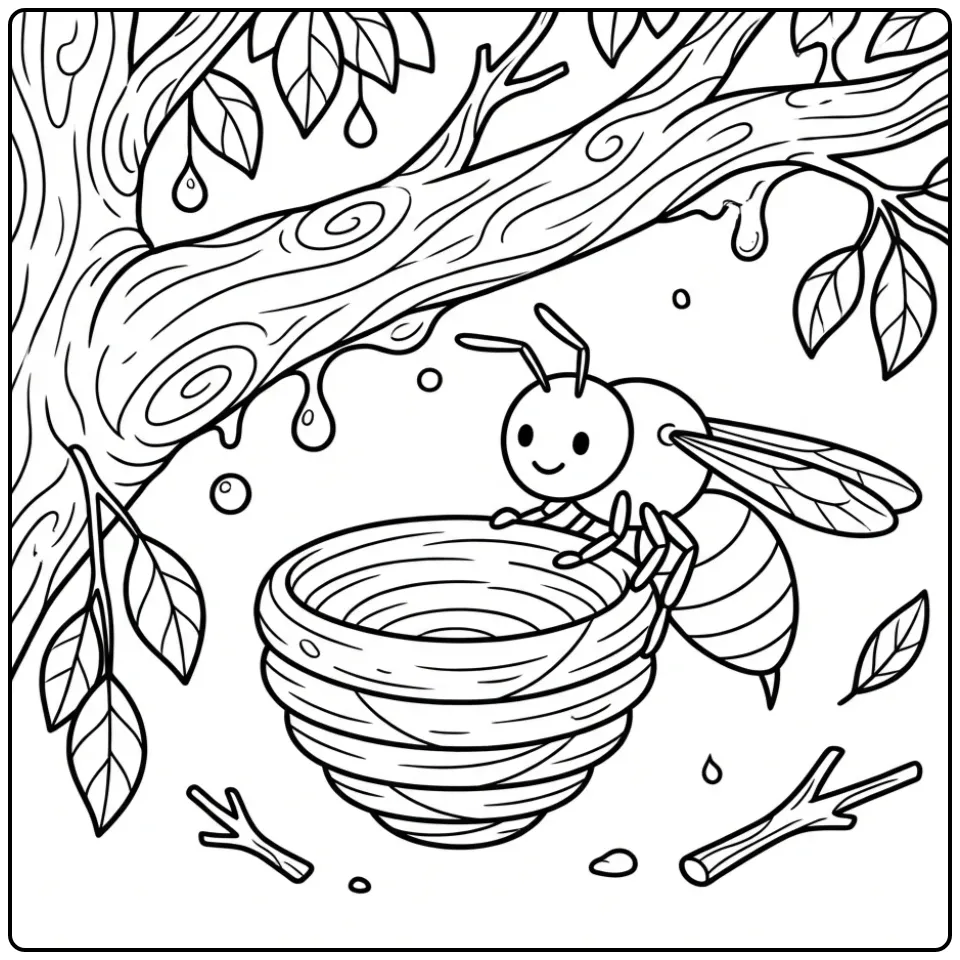 Cute wasp coloring page building a nest