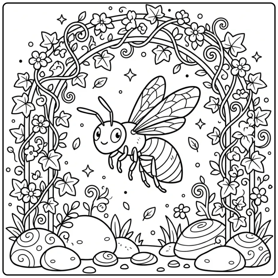 Cute wasp coloring page flying through a garden arch