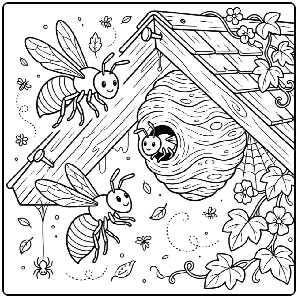 Detailed wasp coloring page near a nest under a roof