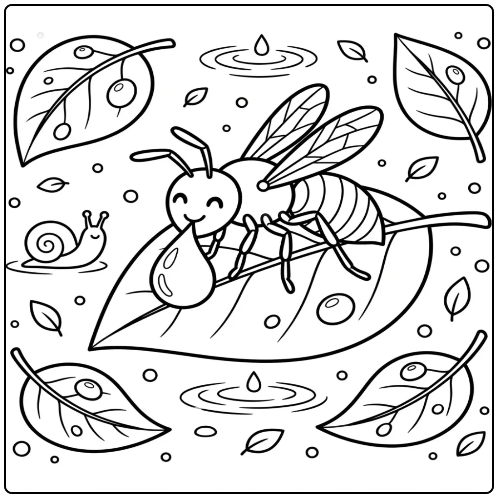 Cute wasp coloring page drinking from a drop on a leaf
