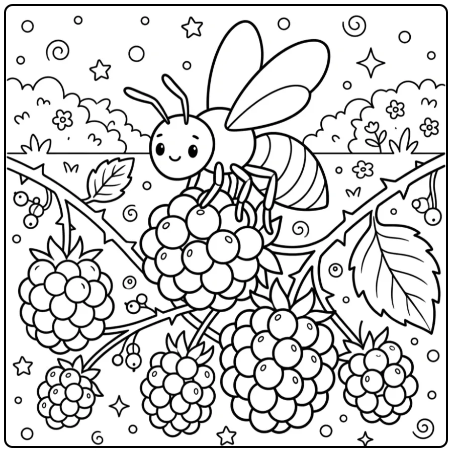 Cute wasp coloring page on a branch with ripe blackberries