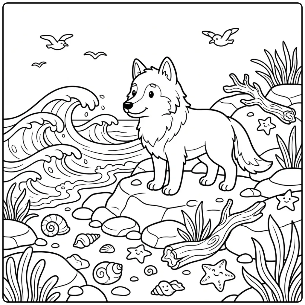 Wolf coloring page showing a wolf by the sea