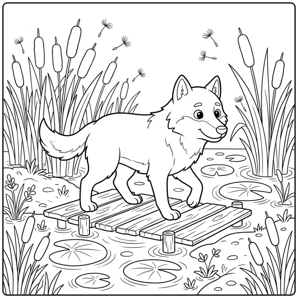 Wolf coloring page showing a wolf on a bridge in the marsh