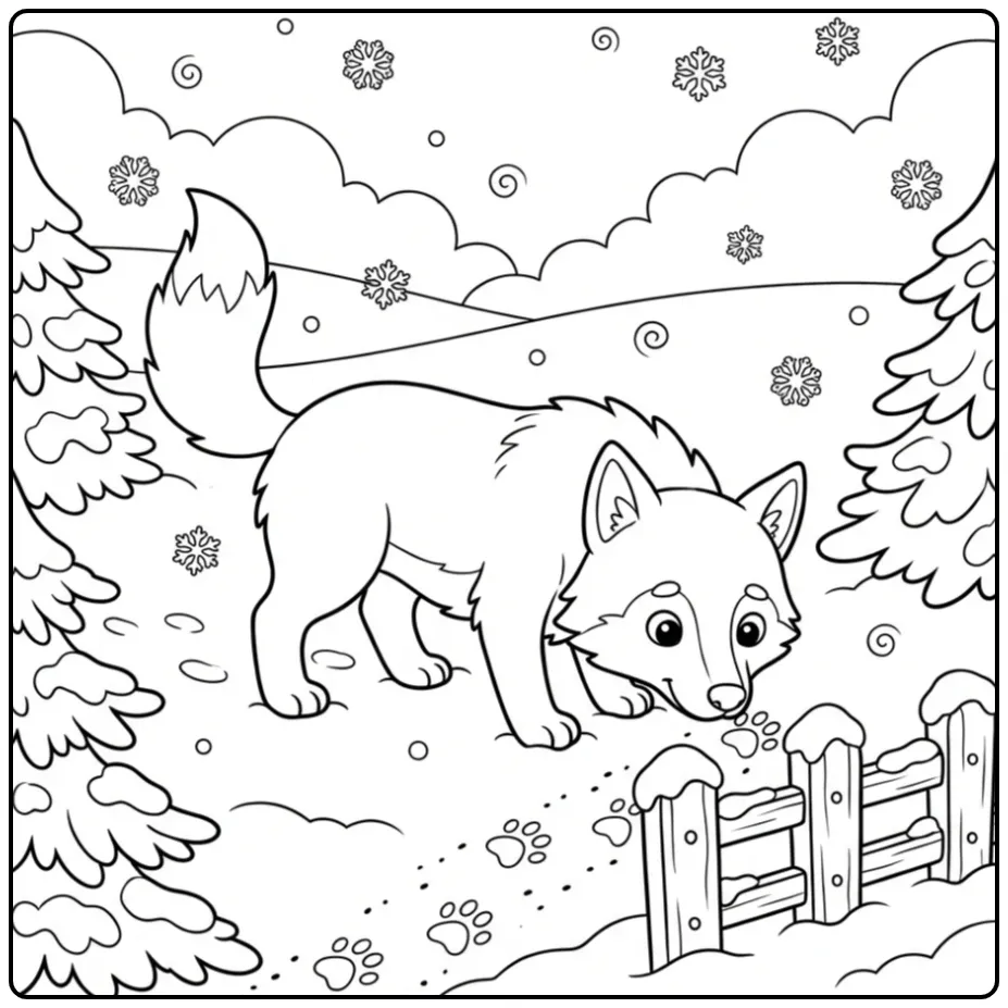 Wolf coloring page showing a wolf in a snowy landscape