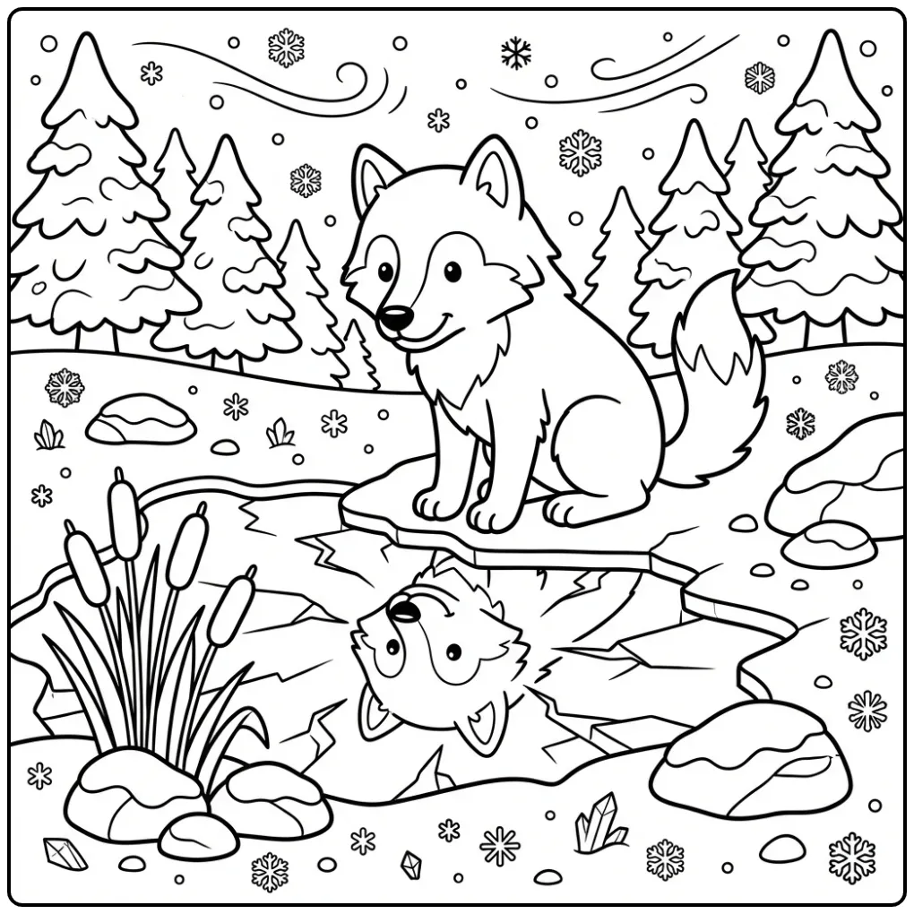 Wolf coloring page featuring a wolf beside a frozen lake