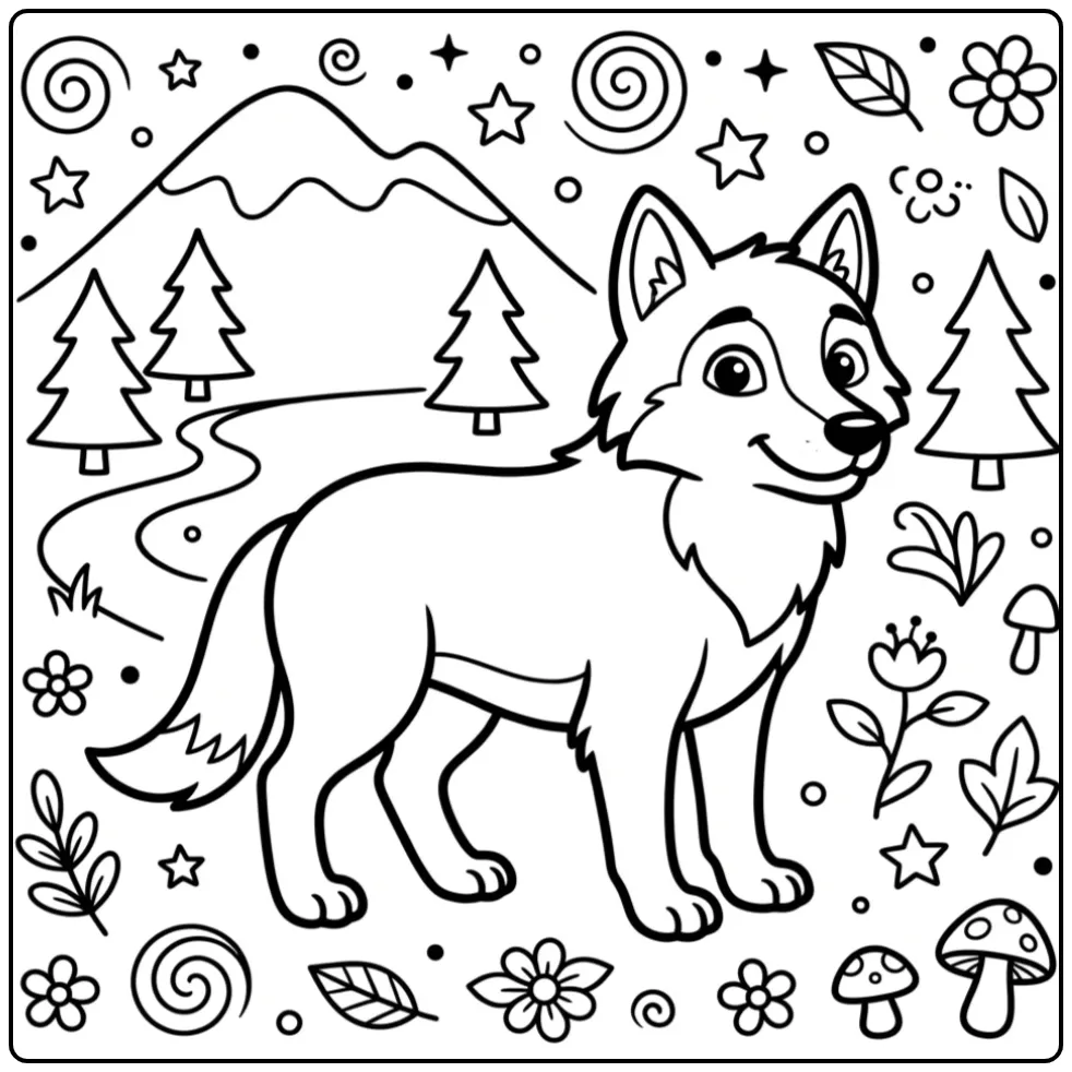 Easy wolf coloring page featuring a wolf in the forest