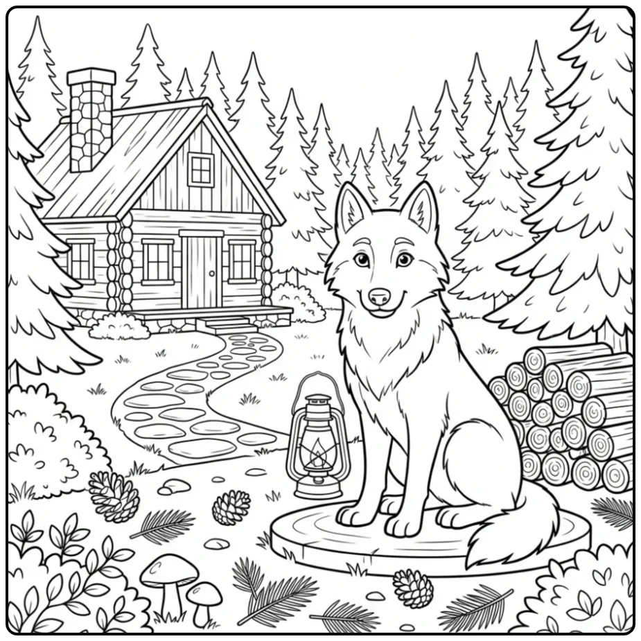 Wolf coloring page showing a wolf by a cabin