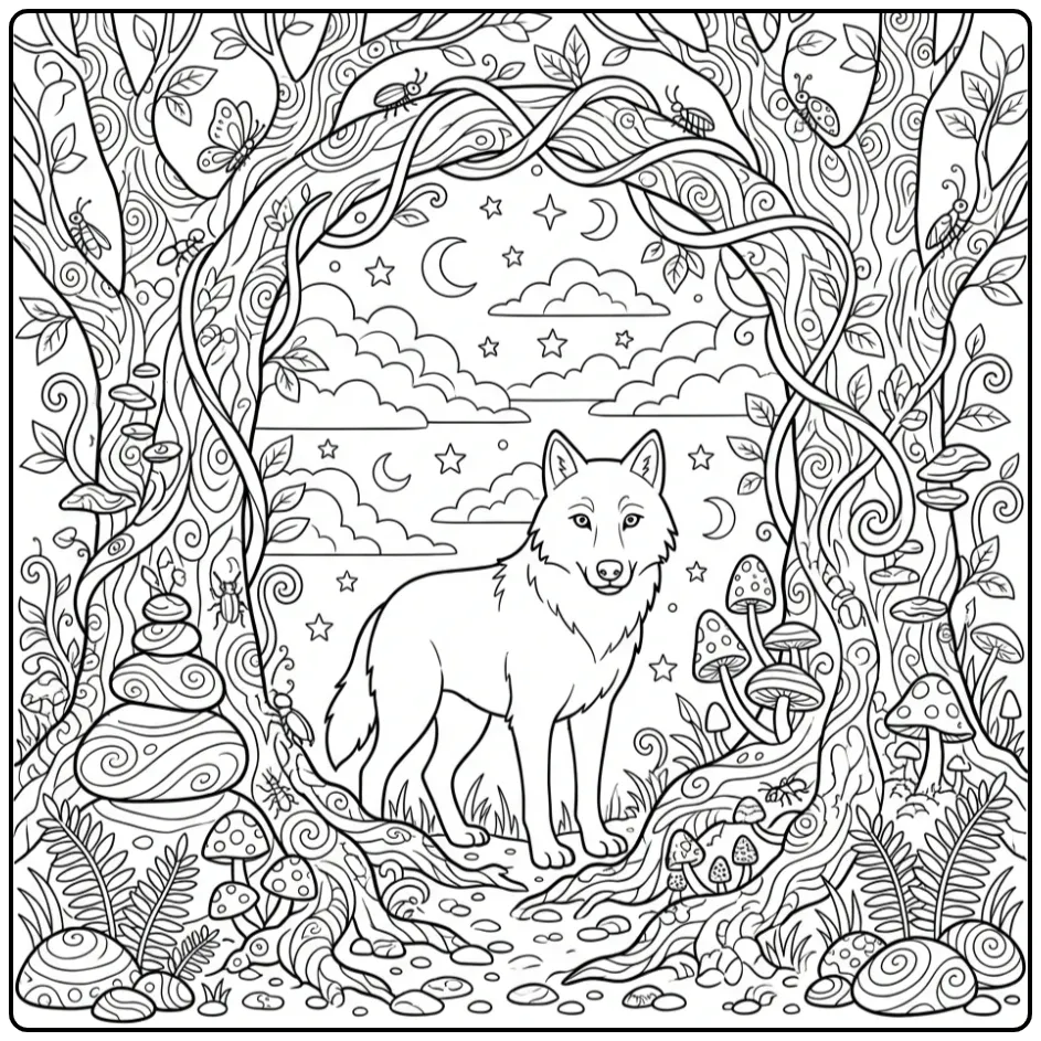 Hard wolf coloring page featuring a wolf in a magical forest